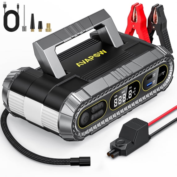 AVAPOW 6-in 1 Car Jump Starter & Tire Inflator, 4000A Peak for Gas/Diesel Engines, 150PSI Digital Air Compressor with Auto Shut-Off, LED Emergency Light, 24000mAh Power Bank, All-Climate