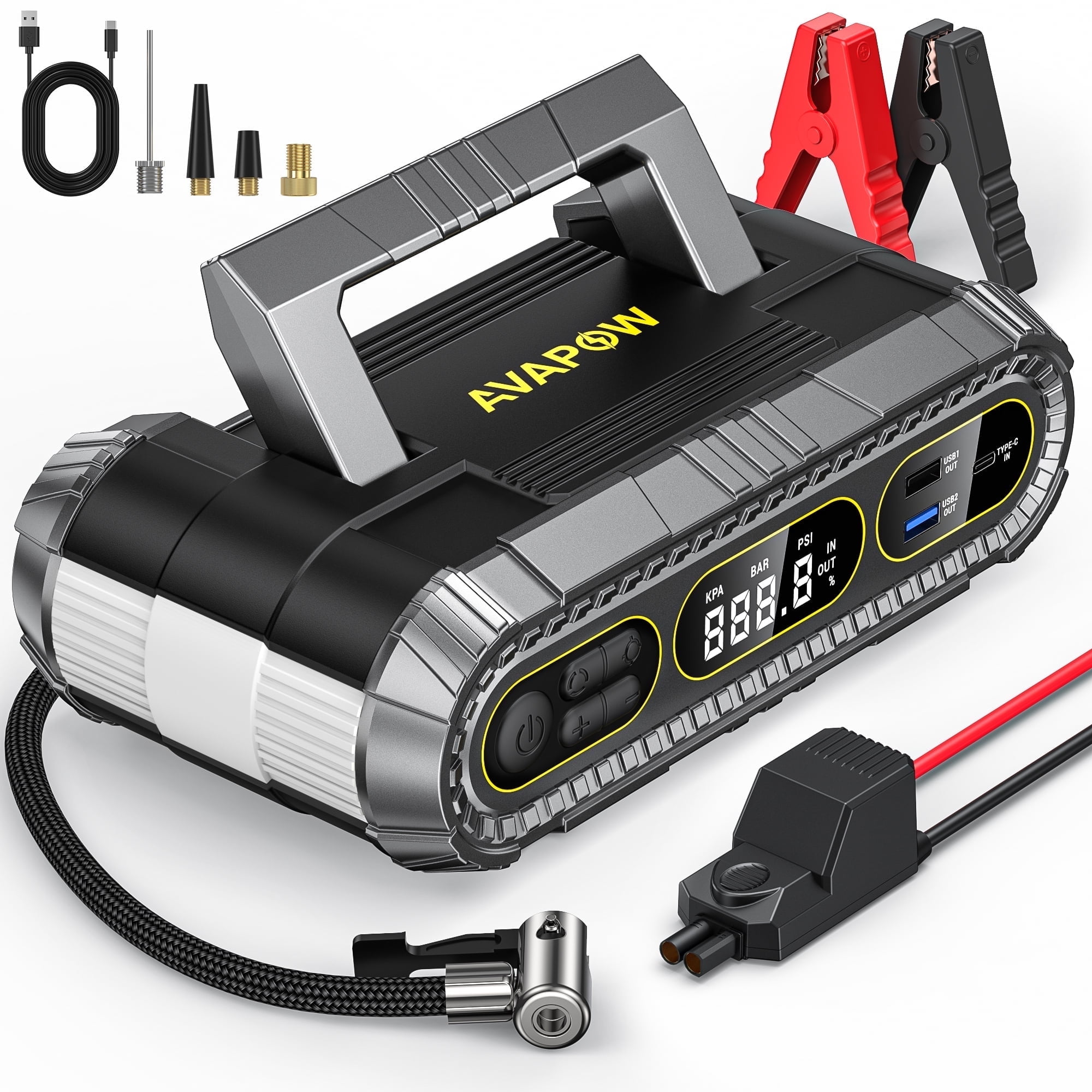 AVAPOW Jump Starter with Air Compressor 4000A Battery Jump Starter for All Gas or Up to 10L Diesel 150PSI Digital Tire Inflator with Emergency