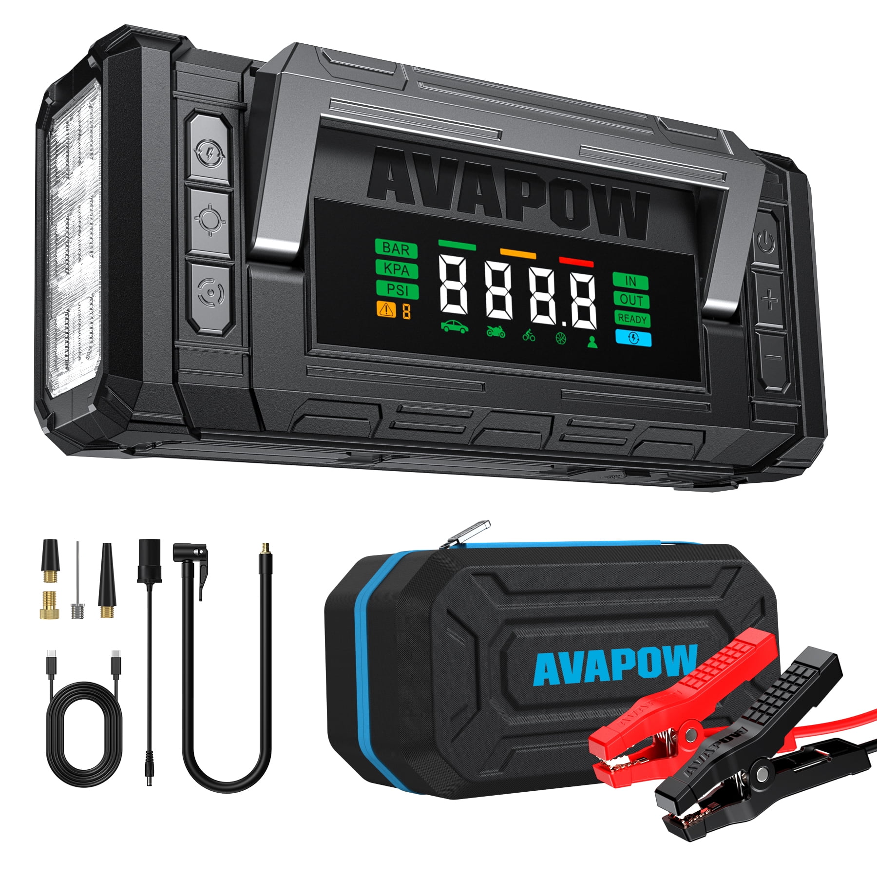AVAPOW 4000A Car Battery Jump Starter with Air Compressor, 12V Portable Battery Booster, 150PSI Cordleess Tire Inflator with Auto-Shutoff, Emergency Multi-Function Power Pack