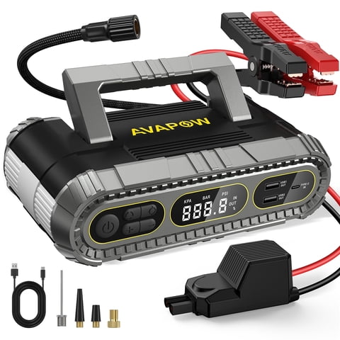 AVAPOW Car Jump Starter & Air Compressor, 2000A Peak Current for Gas and Diesel Engines, 150PSI Auto Shut-Off Tire Inflator, Power Bank + LED Emergency Light, Portable Highway Savior