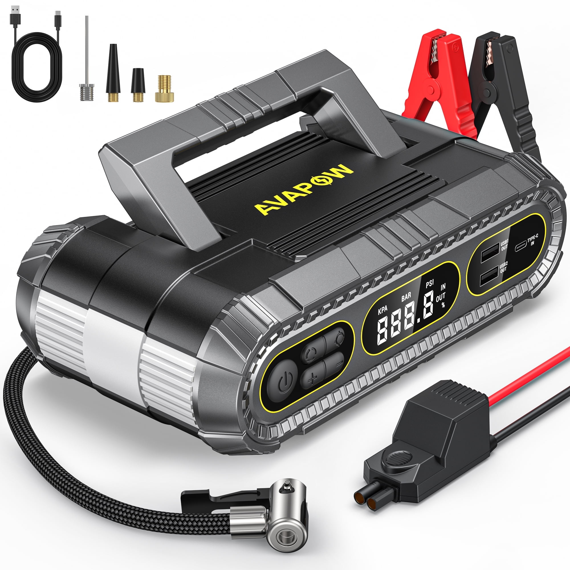 Walmart Coupons of AVAPOW Tire Inflator, 150PSI Car Air Pump, Jump Starter with Air Compressor, 2000A Battery Jump Starter (up to 8.0L Gas/6.0L Diesel Engines), 12V Jump Box with Light