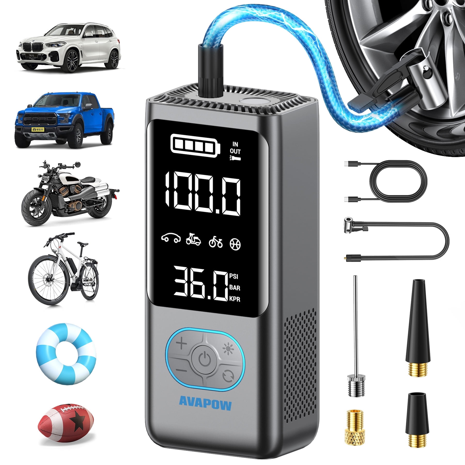 AVAPOW Cordless Tire Inflator 12000mAh, 150 PSI Portable Air Compressor, Automatic Shutoff Car Air Pump for Car Tires, with Tire Pressure Gauge, Compact Tire Pump Fast Inflation for Cars