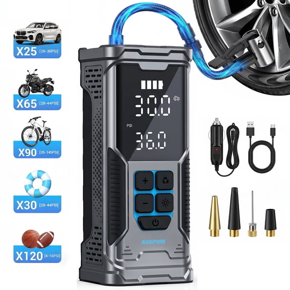 AVAPOW 180PSI Cordless Tire Inflator, Portable Air Pump for Car Tires with Auto Shutoff, Digital Pressure Gauge & LED Light, Fast Inflation for Car/Truck/Bike/Motorcycle/Ball