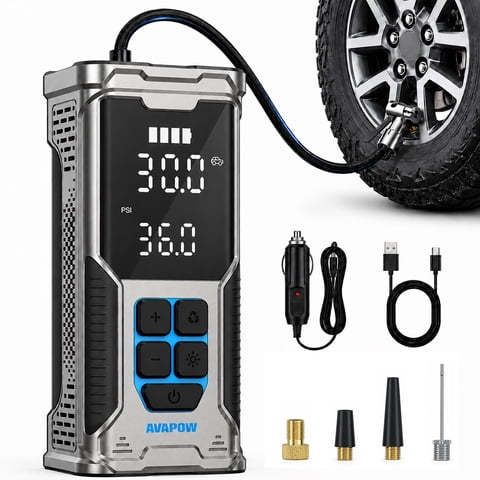 AVAPOW 180PSI Cordless Tire Inflator, Portable Air Pump for Car Tires with Auto Shutoff, Digital Pressure Gauge & LED Light, Fast Inflation for Car/Truck/Bike/Motorcycle/Ball