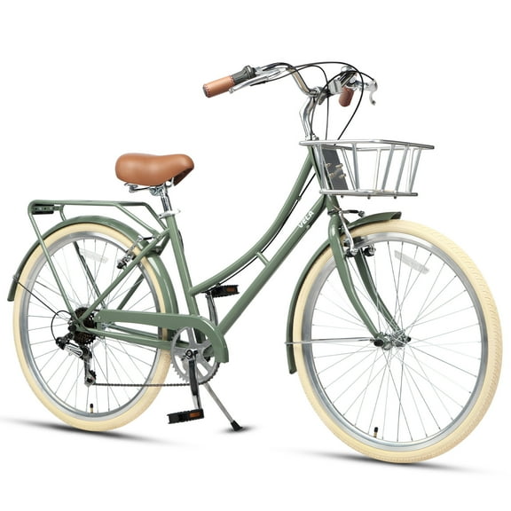 AVASTA 26 Inch Hybrid Bike, Lightweight Step-Through Hi-Ten Steel Frame for City Commuting, 6 Speed Comfort Bicycle with Metal Basket in Elegant Beige with Stylish Beige Tires for Woman Female,green