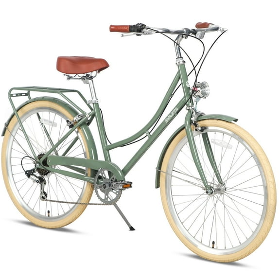 AVASTA Hybrid Bike for Women Female Lightweight Step Through 26 inch Hi-Ten Steel Frame City Commuter Comfort Lady Bicycle, 6-Speed, Color Green with Beige Tires