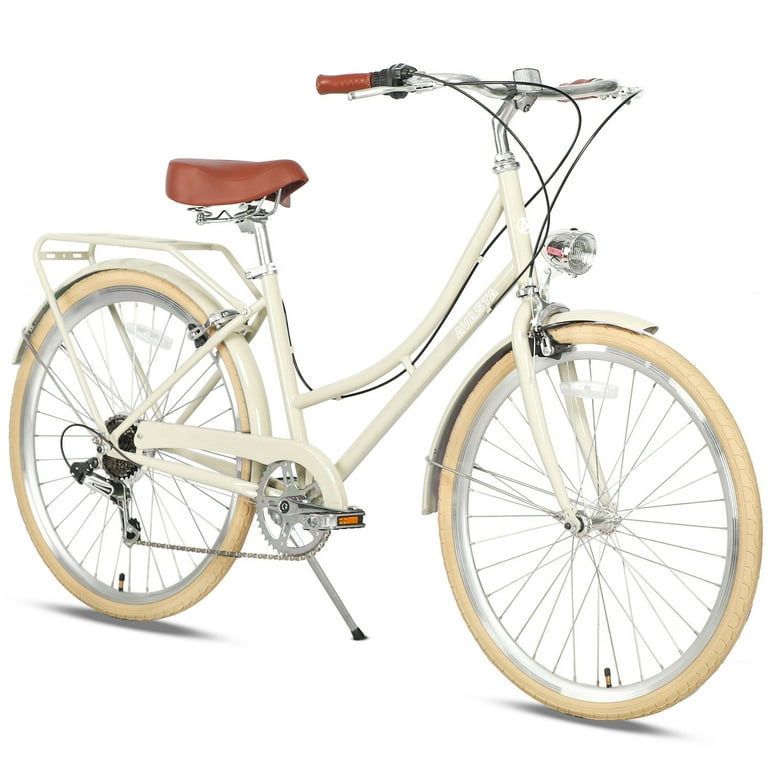 Free Shipping AVASTA Hybrid Bike for Women Female Lightweight Step Through 26 inch Hi Ten Steel Frame City Commuter Comfort Lady Bicycle 6 Speed Color Beige with Beige Tires Walmart Walmart