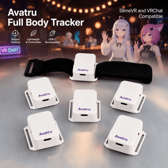 AVATRU VR Full Body Tracker Kit, 6-Pack Motion Trackers Compatible with SlimeVR, VRChat, SteamVR & Quest PC VR, LSM6DSV IMU Sensors, Adjustable Anti-Slip Body Straps