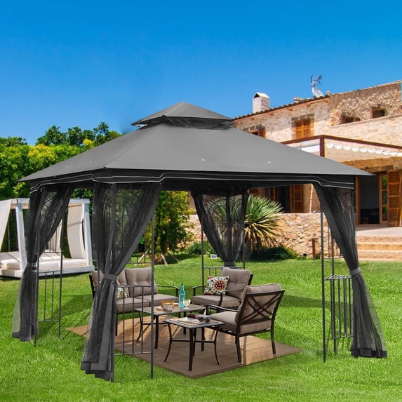 AVAWING 10 ft x 10 ft outdoor gazebo, gray patio double soft-top canopy with netting