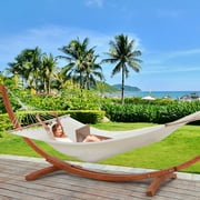 AVAWING 12FT Patio Single Hammock with Stand, Quilted Camping Hammock for Outdoor, Wood White