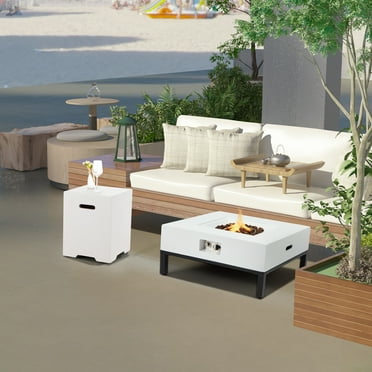 AVAWING 2-Piece 32" Outdoor Square Propane Fire Pit Table with Tank Holder, 50,000 BTU Concrete Fire Table with Shelves, Patio Fire Pits with Auto-Ignition, Free Lava Rocks, Fits 20lb Tank, White