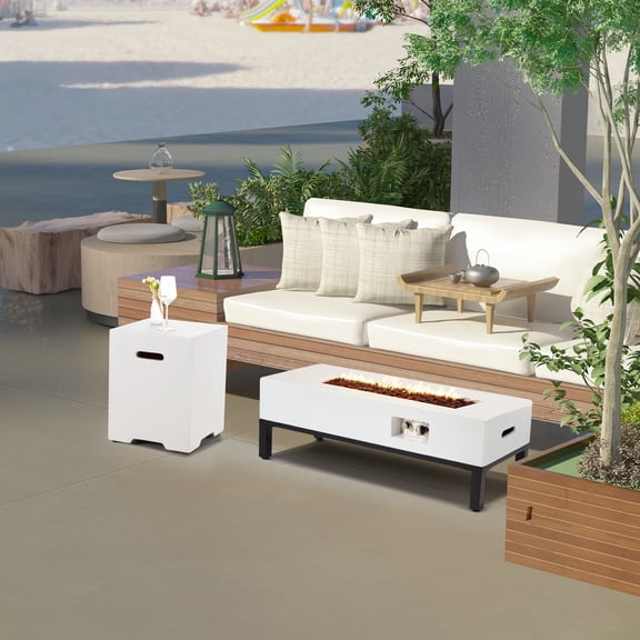 AVAWING 2-Piece 42" Outdoor Rectangle Propane Fire Pit Table with Tank Holder, 50,000 BTU Concrete Fire Table with Shelves, Patio Fire Pits with Auto-Ignition, Free Lava Rocks, Fits 20lb Tank, White