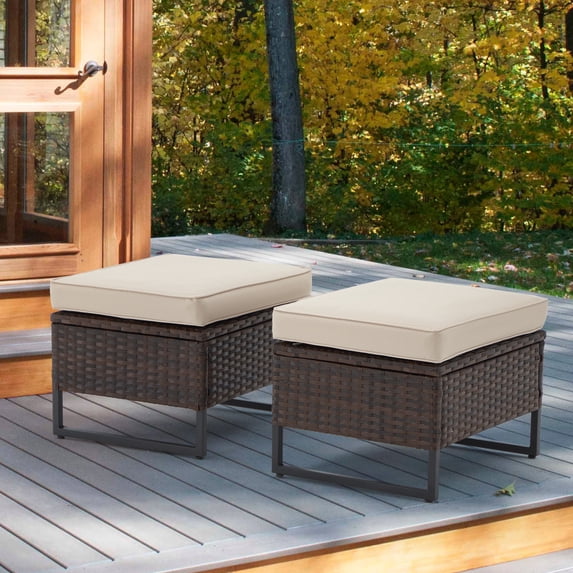 AVAWING Durable Ottoman Footstools with Removable Cushions, Rattan, Beige, 2 Pieces