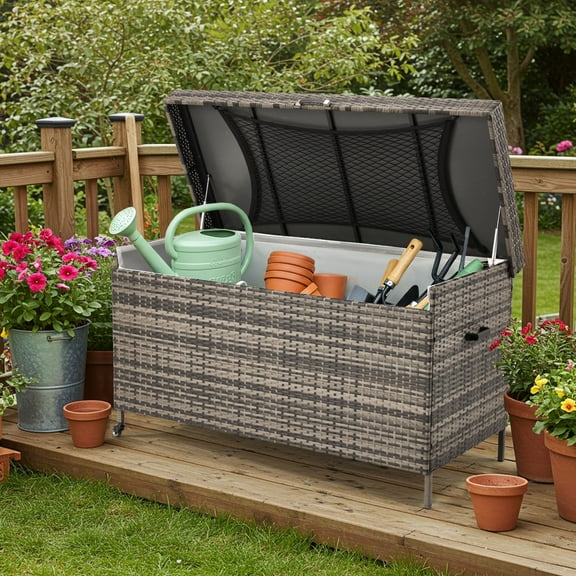 AVAWING 240 Gallon PE Wicker Storage Box, Patio Deck Box, Outdoor Container, Gray