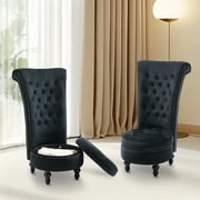 AVAWING 2PCS High Back Retro Throne Chair, Velvet Armless Royal Chair w/ Storage, Indoor, Black