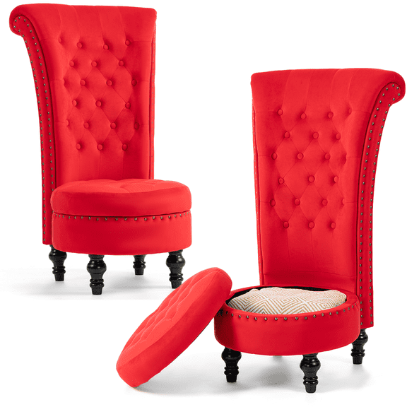 AVAWING 2PCS High Back Royal Chair w/ Nailhead Trim, Velvet Armless Throne Chair w/ Storage, Red