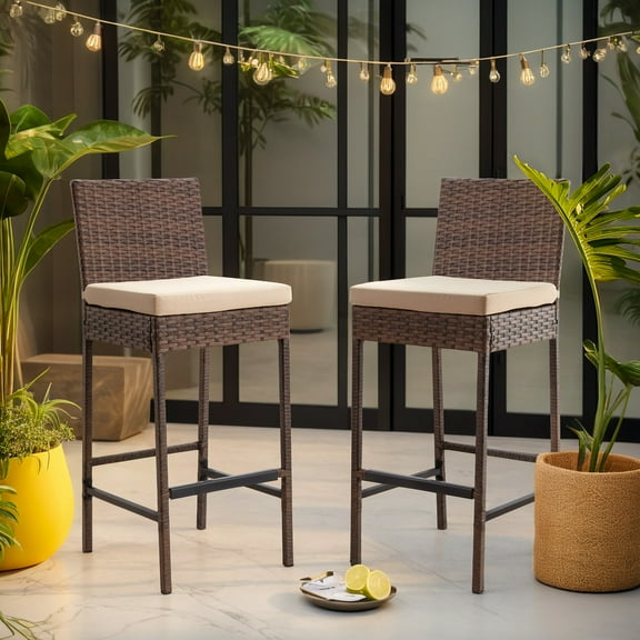 AVAWING 2PCS Patio Wicker Bar Stools, Outdoor Rattan Barstools with Cushion for Lawn, Brown