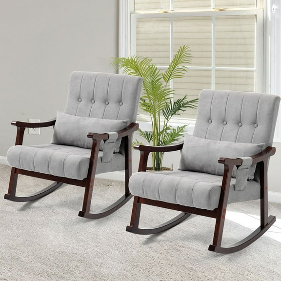 AVAWING 2PCS Upholstered Rocking Chair with Massage Lumbar Support, Comfy Rocker Glider Chair for Nursery, Modern High Back Armchair for Living Room, Indoor Chair, Polyester, Light Gray