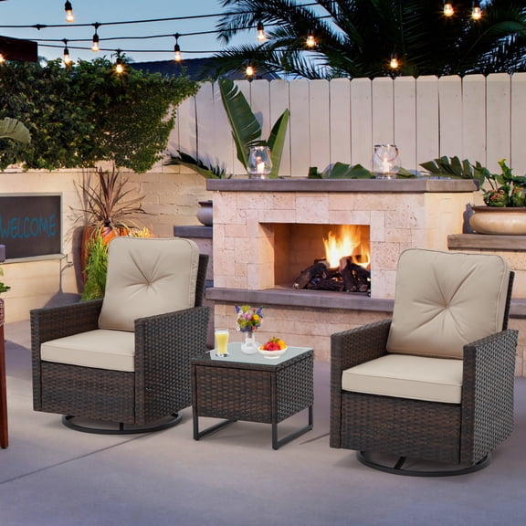 AVAWING 3-Piece Patio Furniture Set, Wicker Swivel Rocking Chairs with Tempered Glass Side Table, Patio Conversation Set w/ Waterproof Cushions for Garden, Balcony and Porch, Beige