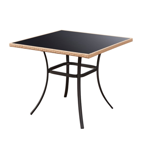 AVAWING 35.2" Square Patio Table, Outdoor Wicker Dining Desk with Tempered Glass Top, Black