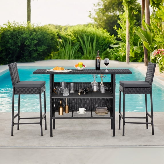 AVAWING 3PCS Outdoor Patio Rattan Bar Table and Chairs Set w/ Removable Cushion, Black