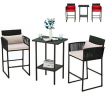 AVAWING 3PCS Outdoor Patio Wicker Bistro Bar Set w/ Extra Set of Cushion Covers, Beige/Red