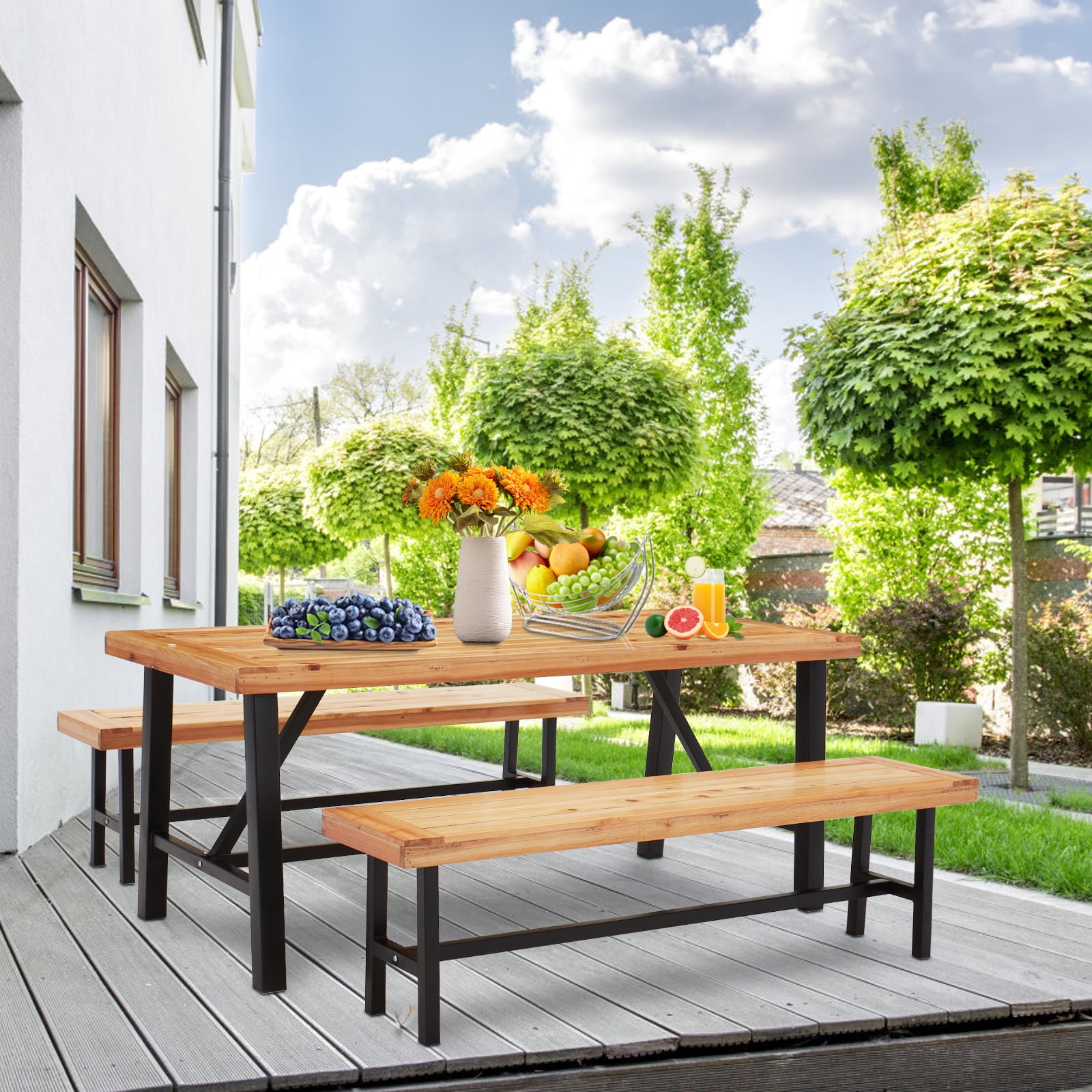 AVAWING 3PCS Outdoor Wood Patio Dining Set, Natural Bench and Table for Garden, Porch, Balcony ...