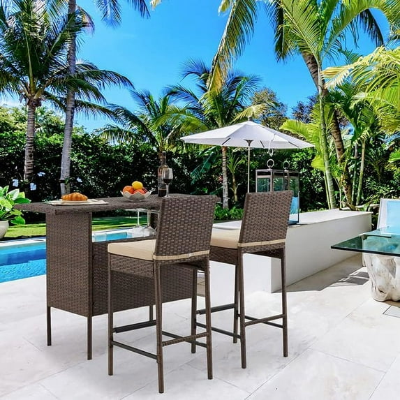AVAWING Outdoor Collection 47" Rattan Wicker Rectangular Patio Bar Table, Brown (3 Piece Set)
