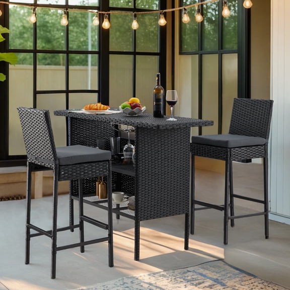 AVAWING 3PCS Patio Wicker Bar Table Chairs Set, Outdoor Rattan Bar Table Chairs, Black