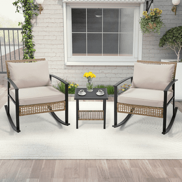AVAWING 3PCS Rocking Bistro Set, Outdoor Rattan Patio Chairs and 2-Tier Coffee Table, Gray
