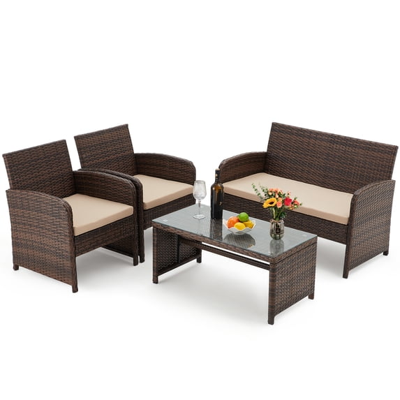 AVAWING 4-Piece Wicker Outdoor Patio Dining Set with Glass Coffee Table and Soft Cushions, Brown