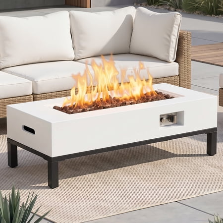 AVAWING 42" Patio Propane Fire Pit Table, 50,000 BTU Rectangle Concrete Fire Pit Table with Shelves, Weather-Resistant Pit Cover, Auto-Ignition, Free Lava Rocks, Propane Tank is Not Included, White