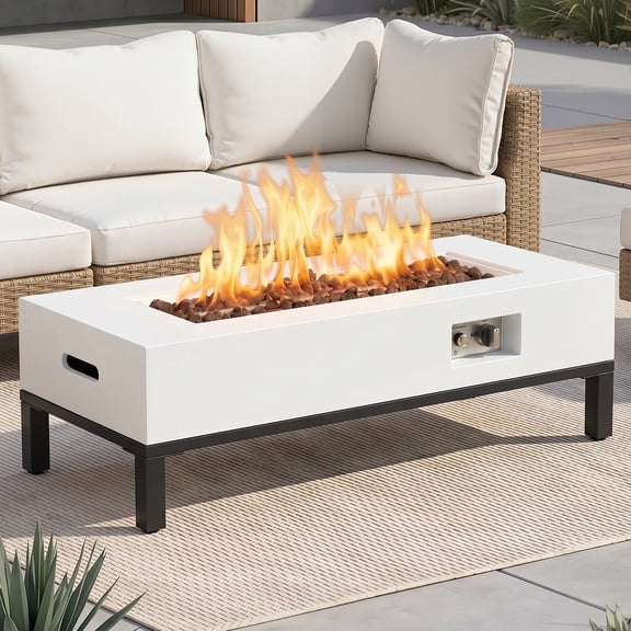 AVAWING 42" Patio Propane Fire Pit Table, 50,000 BTU Rectangle Concrete Fire Pit Table with Shelves, Weather-Resistant Pit Cover, Auto-Ignition, Free Lava Rocks, Propane Tank is Not Included, White