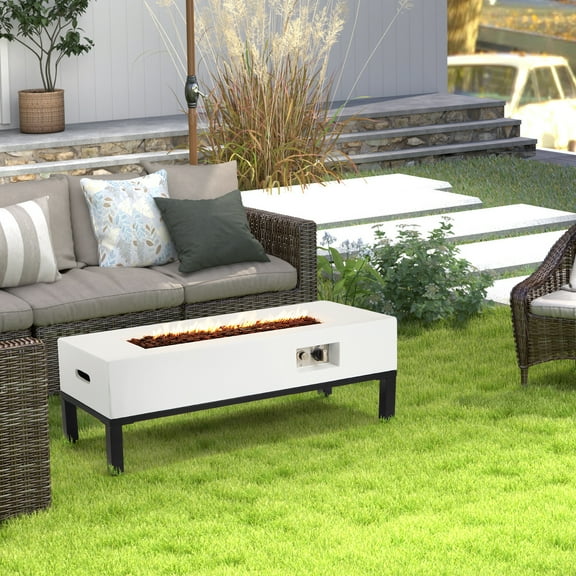 AVAWING 42" Patio Propane Fire Pit Table, 50,000 BTU Rectangle Concrete Fire Pit Table with Shelves, Weather-Resistant Pit Cover, Auto-Ignition, Free Lava Rocks, Propane Tank is Not Included, White