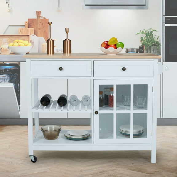 AVAWING 42" Rolling Kitchen Island, Kitchen Storage Cabinet, Solid Wood Dining Cart Table, White