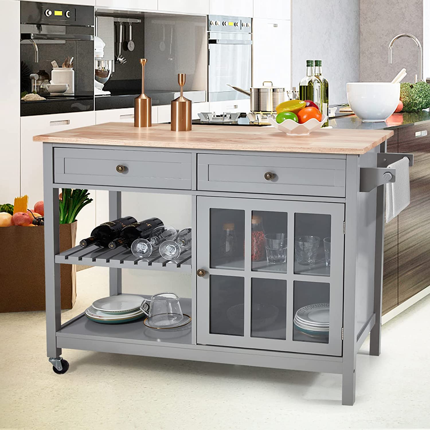 Home Source Grey Microwave Cart with Double Door 1 Drawer, and