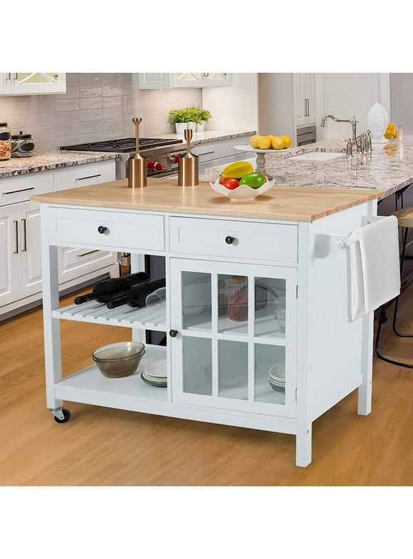AVAWING 42" Rolling Kitchen Island with Wheels, Microwave Cabinet Trolley Cart with Drawers, White