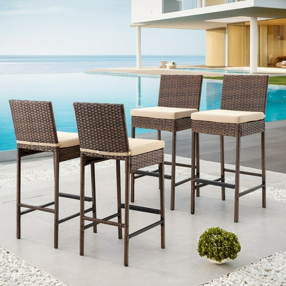 AVAWING 4PCS Patio Wicker Bar Stools, Outdoor Rattan Barstools with Cushion for Lawn, Brown