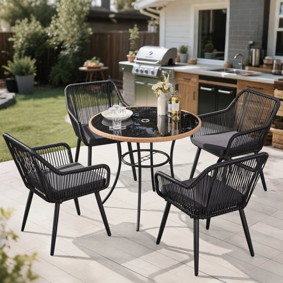 AVAWING 5 Piece Patio Dining Set, Wicker Outdoor Furniture Set w/Glass Table (Black, Round)