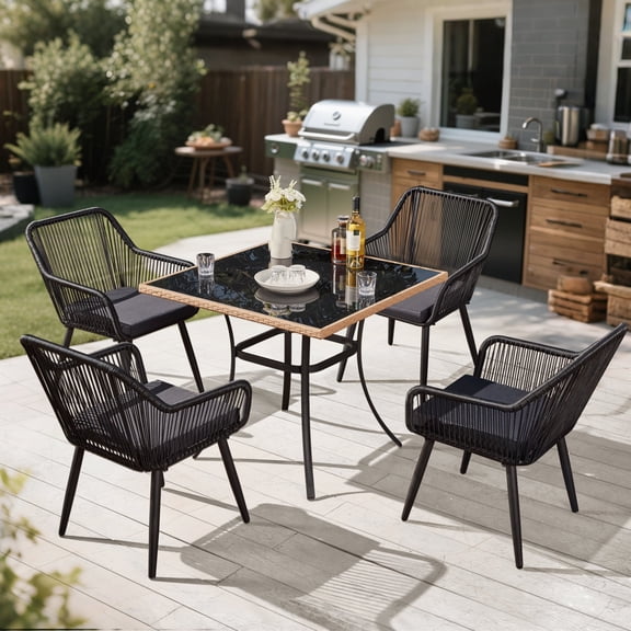 AVAWING 5 Piece Patio Dining Set, Wicker Outdoor Furniture Set w/Glass Table (Black, Square)