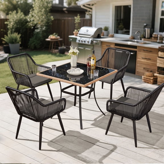 AVAWING 5 Piece Patio Dining Set, Wicker Outdoor Furniture Set w/Glass Table (Gray/Black, Square)