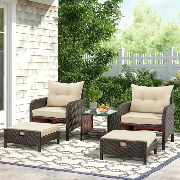 AVAWING 5 Piece Patio Furniture Set, Outdoor Rattan Conversation Sofa Set, Wicker Couch Set, Khaki