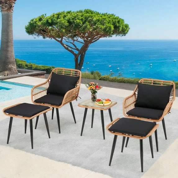 AVAWING 5 Piece Patio Furniture Set,Wicker Conversation Bistro Sets for Outdoor with Glass Tempered Coffee Table and Soft Seat Cushions for Garden, Backyard