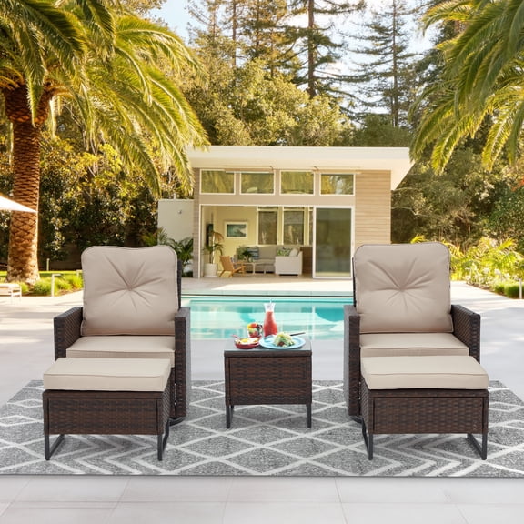AVAWING 5-Piece Patio Furniture Set, Wicker Swivel Rocking Chairs with 2 Ottomans and 1 Side Table, Patio Conversation Set w/ Waterproof Cushions for Garden, Balcony and Porch, Beige