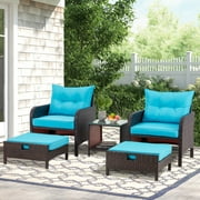 AVAWING 5 Pieces Patio Furniture Set, Outdoor Wicker Rattan Conversation Set with Ottoman & Table for Garden, Blue