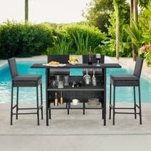 AVAWING 5PCS Outdoor Patio Rattan Bar Table and Chairs Set for 4 People w/ Removable Cushion, Black
