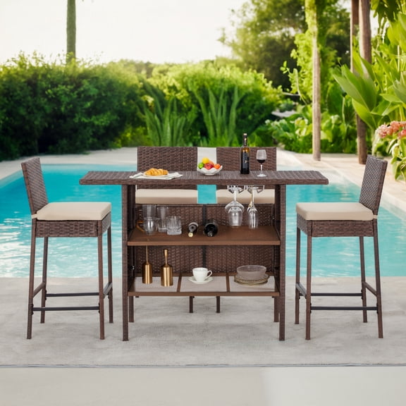 AVAWING 5PCS Outdoor Patio Rattan Bar Table and Chairs Set for 4 People w/ Removable Cushion, Brown