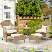 AVAWING 5PCS Outdoor Patio Rattan Furniture Set, Wicker Conversation Bistro Chair for 2 People Beige