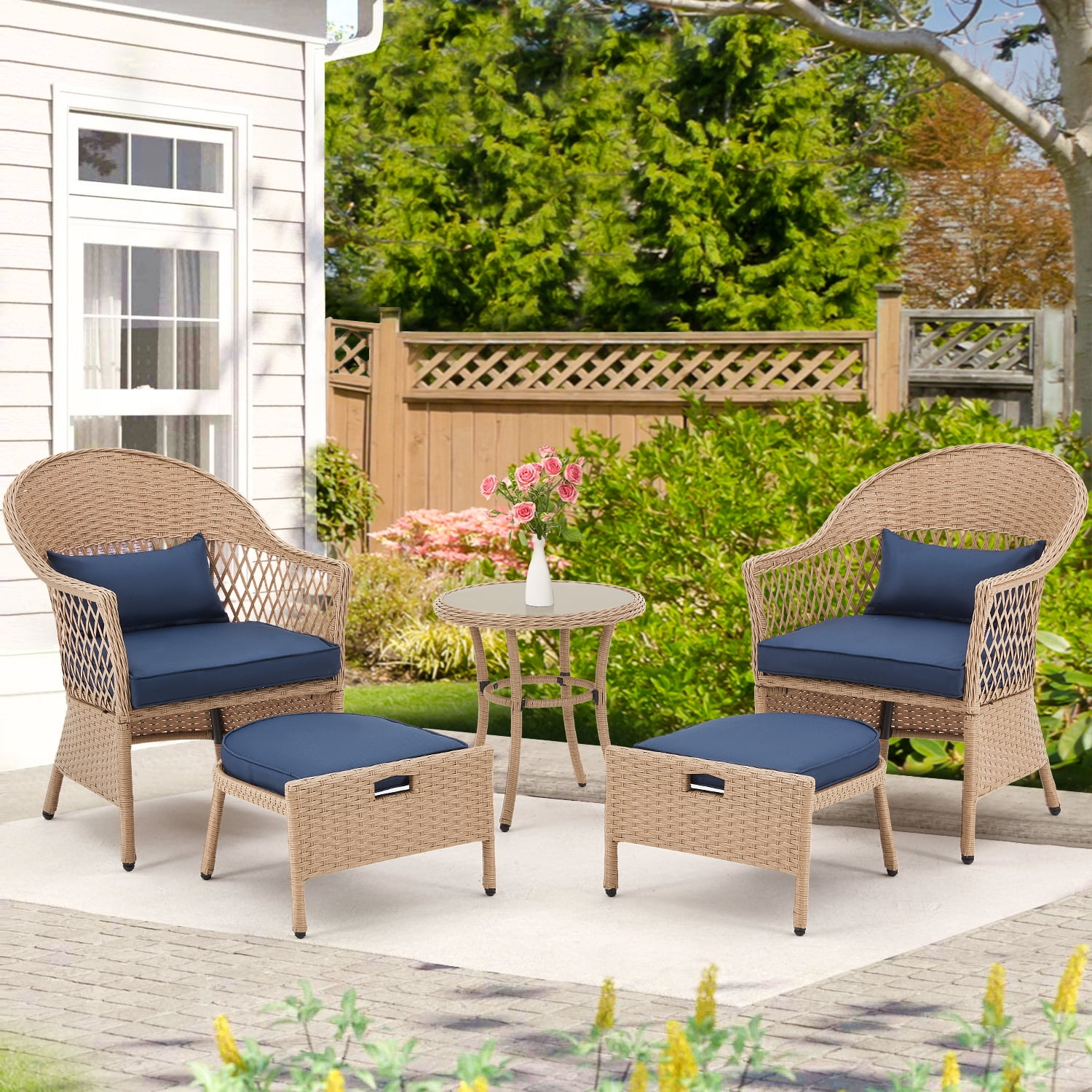 AVAWING 5PCS Indoor/Outdoor Rattan Furniture Set, Wicker Bistro Chair with Ottoman & Table, Blue ...