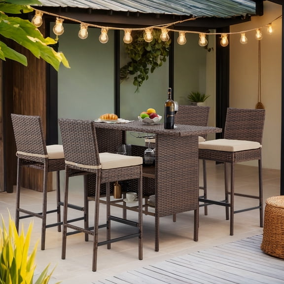 AVAWING 5PCS Patio Wicker Bar Table Chairs Set, Outdoor Rattan Bar Table Chairs, Brown